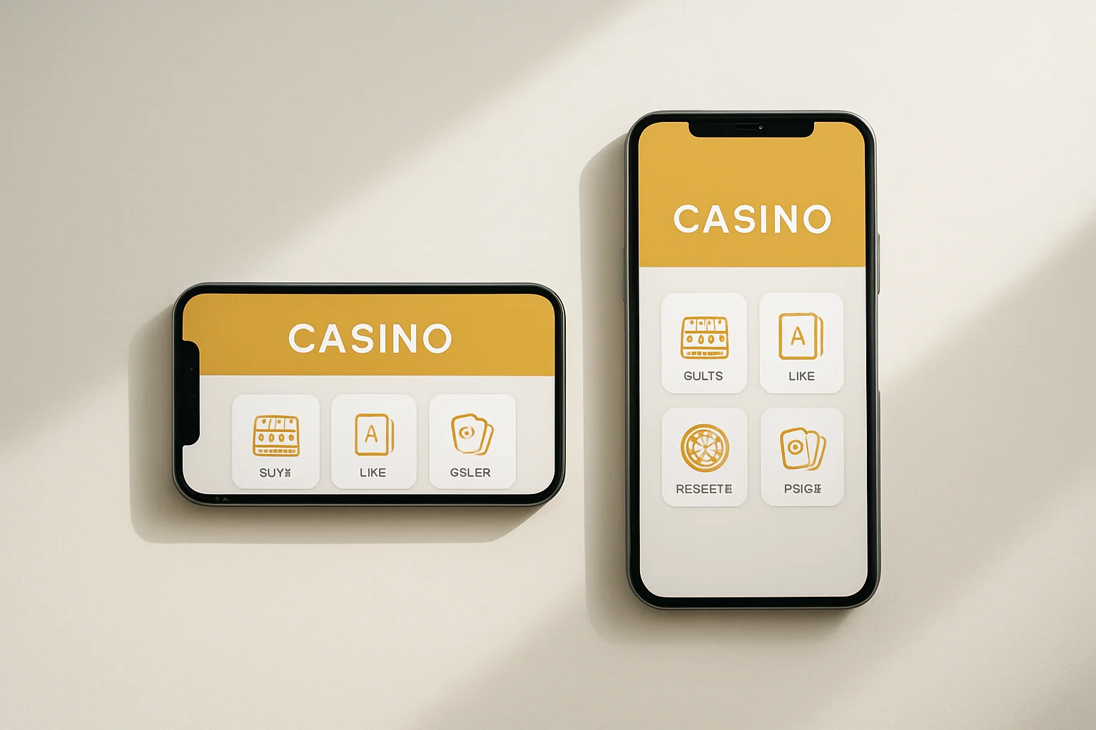 Casino App Phones Two smartphones displaying a clean light casino app on white surface