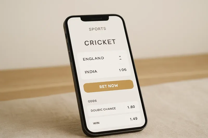 Phone screen showing cricket match betting odds in modern white and gold UI