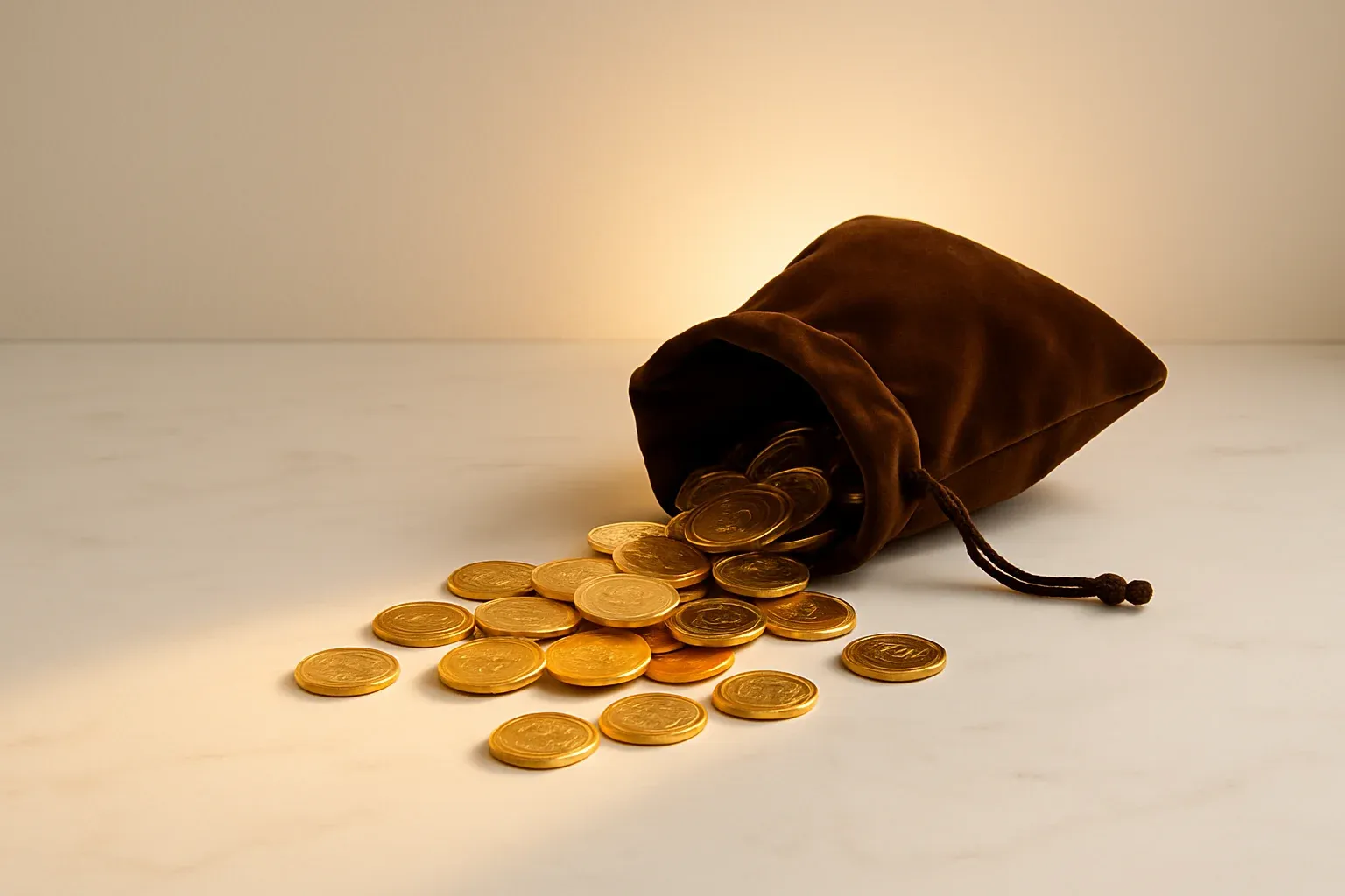 Golden Coin Cascade Golden coins spilling from velvet pouch on white marble surface
