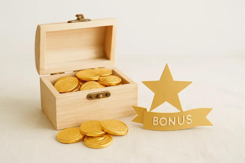 Open treasure box spilling gold coins with star badge and bonus ribbon