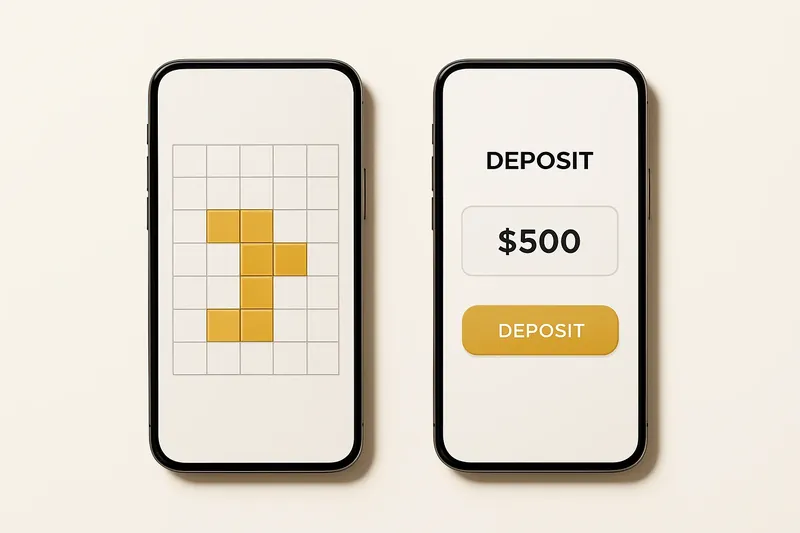 Two smartphones on cream background showing game grid and deposit screen