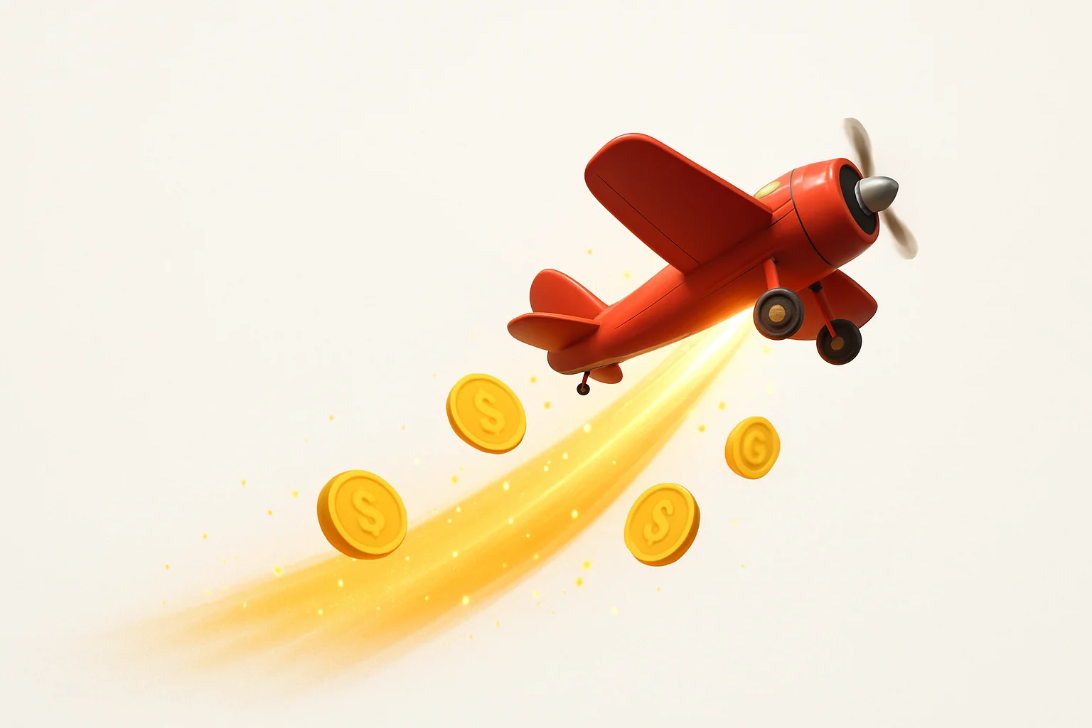 Red airplane climbing with glowing multiplier trail, coins, and sparks